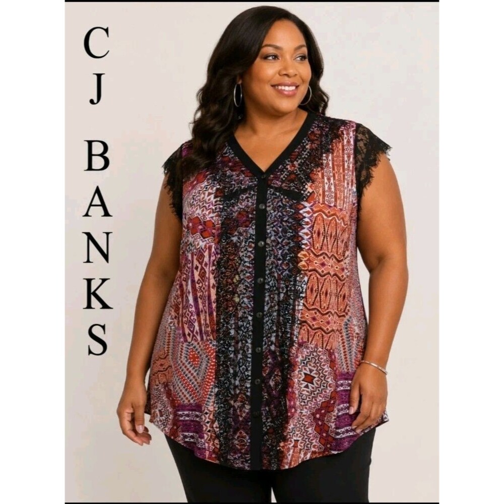 NWT CJ Banks Womens 2X Lace Stretch Cap Sleeve Button Tribal Retro V-Neck Top